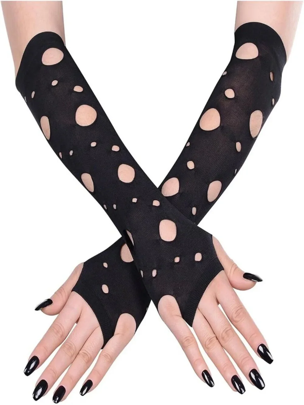 Women's Black Long Hole Cutout Arm Warmers Fingerless Distressed Gothic Gloves